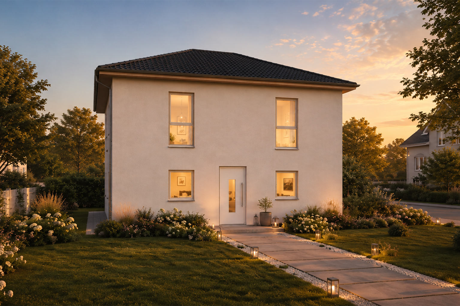 Zweigeschossige Stadtvilla Family 140 mit heller Fassade, dunklem Walmdach und beleuchtetem Eingangsweg in einem gepflegten Garten bei Sonnenuntergang.