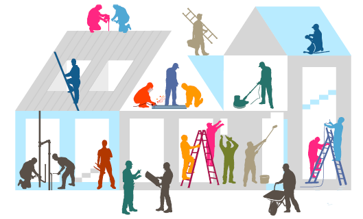 Illustration eines Hauses, in dem Handwerker arbeiten