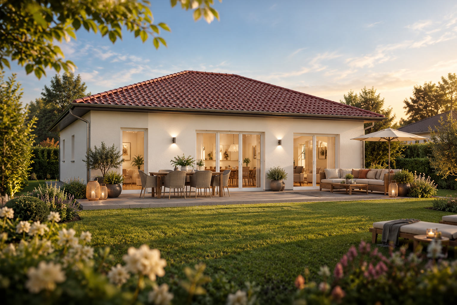 Gartenansicht des Bungalows Family 108 mit heller Fassade, rotem Walmdach, großer Terrasse mit Ess- und Sitzbereich sowie blühendem Garten bei Abendlicht.